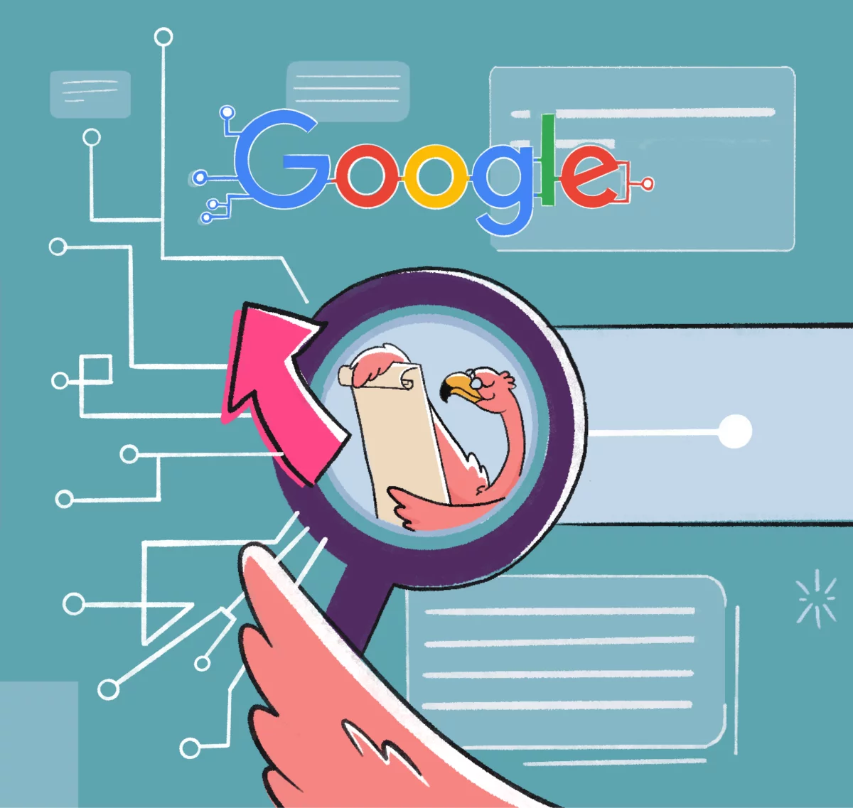 LinkGraph's flamingo looking through a microscope at all of the Google algorithm updates