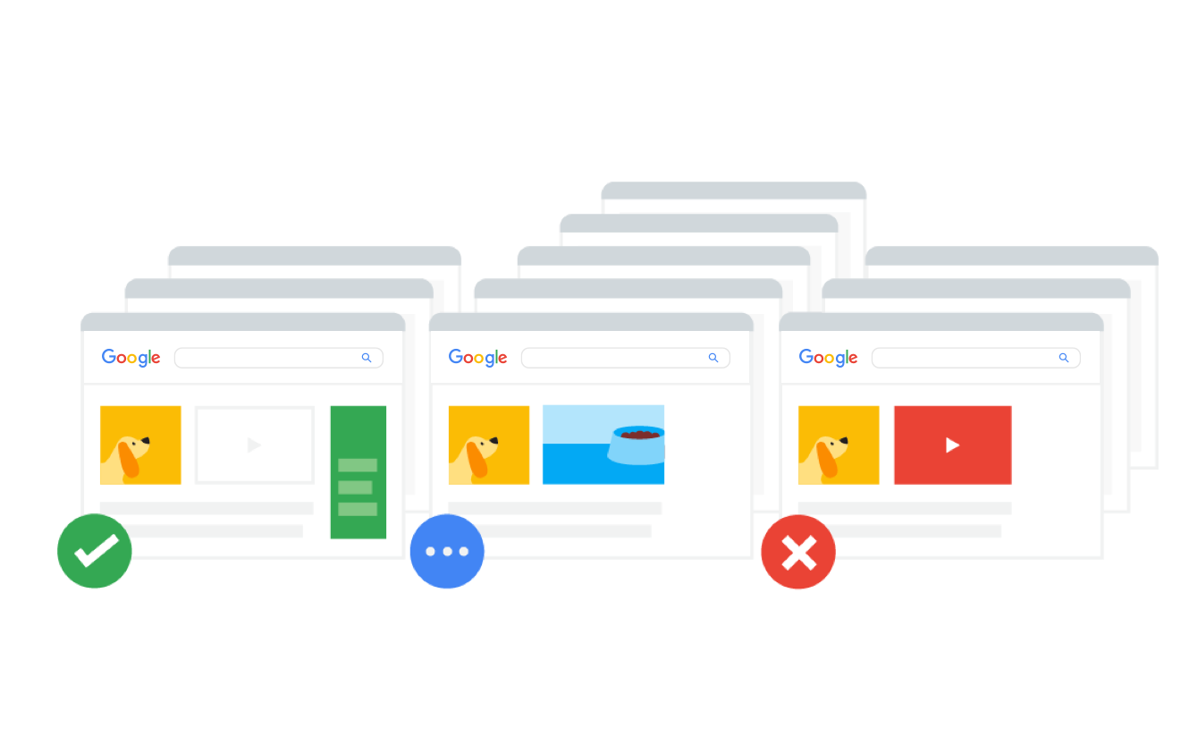 Three variations of google search result layouts being tested with users.