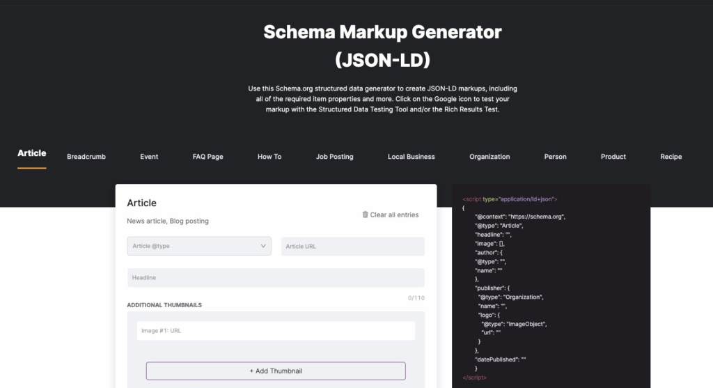 Screenshot of the SearchAtlas Schema Creator tool