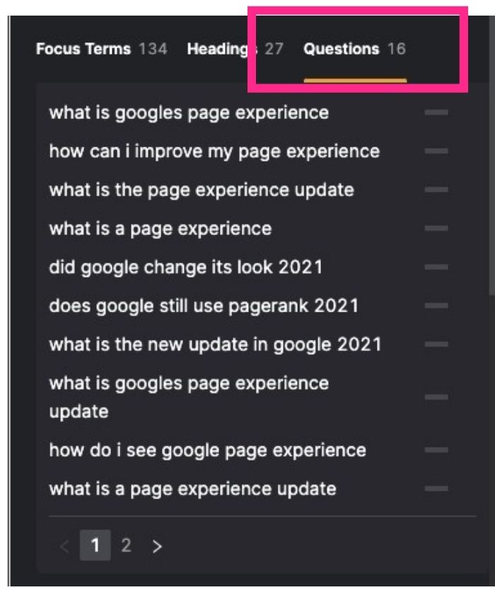 Screenshot of question related to google's page experience from the SEO Asst tool