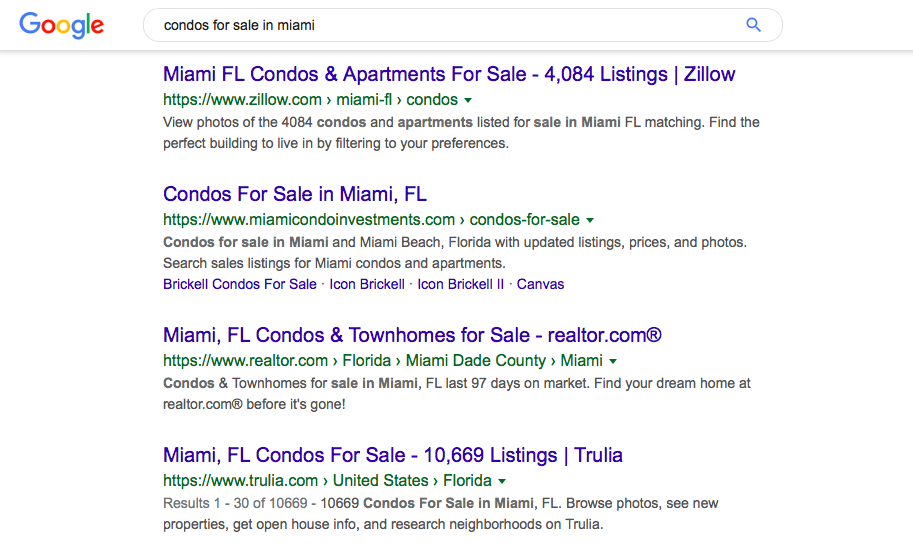 Screenshot of Google search results for the keyword "condos for sale in miami"