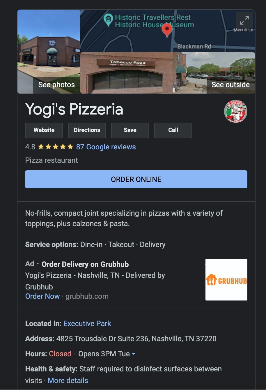 Screenshot of Yogi's Pizza GBP location and listing