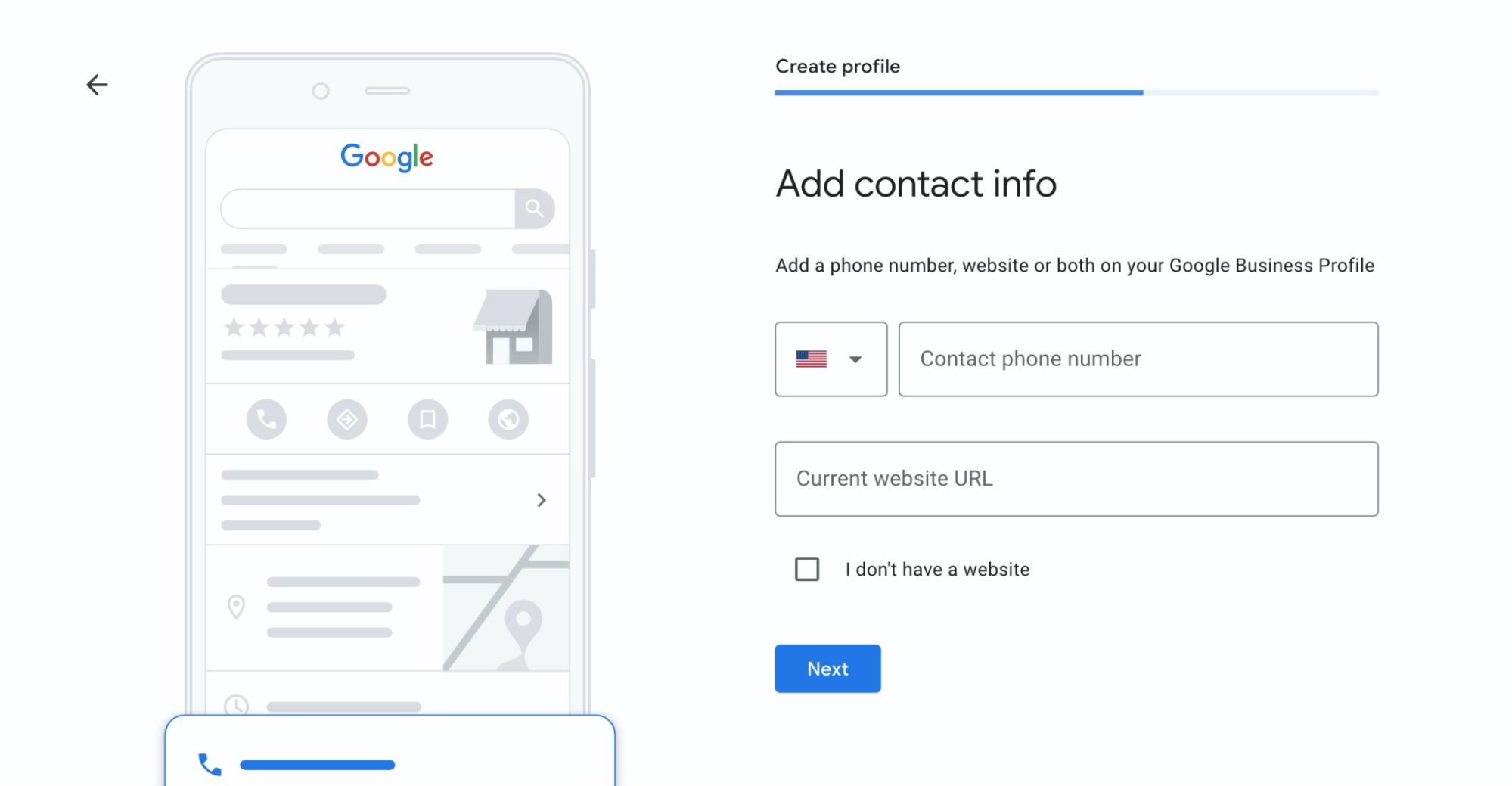 Screenshot of adding contact info on GBP fields for phone number and url