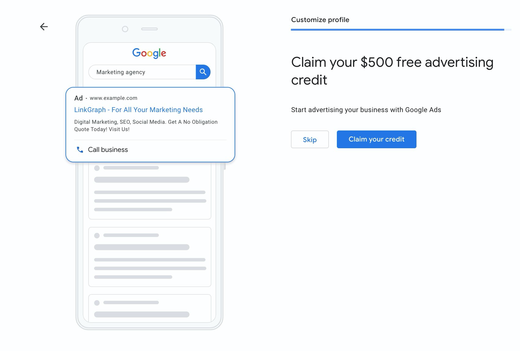 screenshot of option to claim $500 in Google Ads credit with phone graphic on the left and text and button on the right
