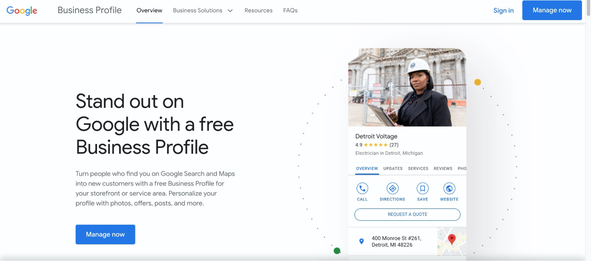 Google Business profile sign up page with image of a listing on the right