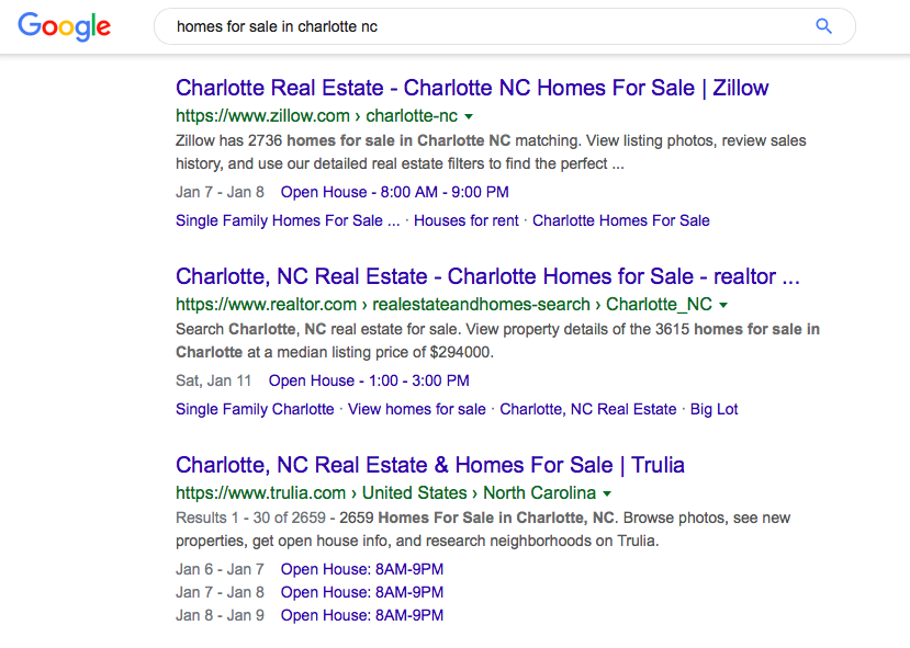 Screenshot of Google search results for the keyword "homes for sale in charlotte nc"