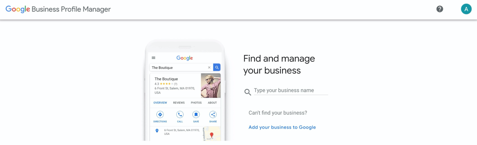 GBP screenshot Find and Manage your business with a search bar and image of mobile phone