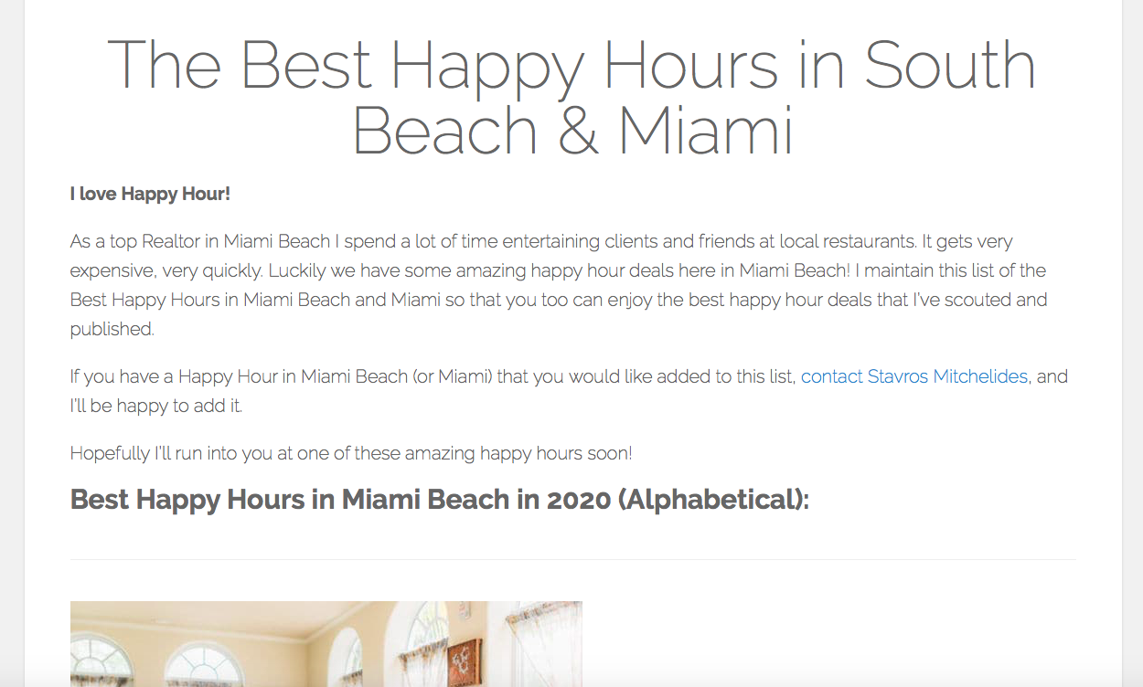 Example of a real estate agency's blog content featuring happy hours in south beach