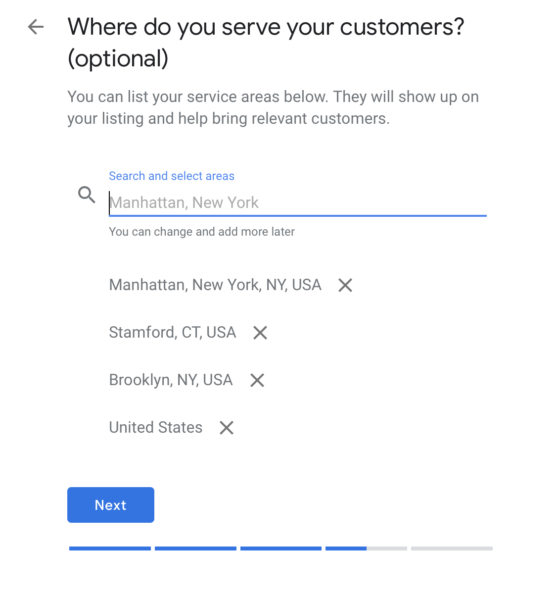 Google Business Profile screenshot showing a search bar and 3 service areas selected