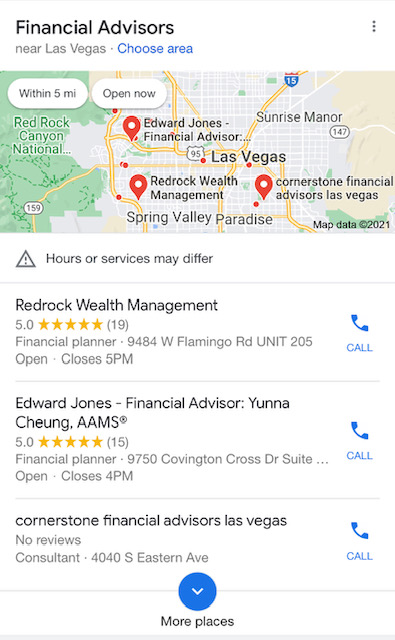 Google map pack for local financial advisor search
