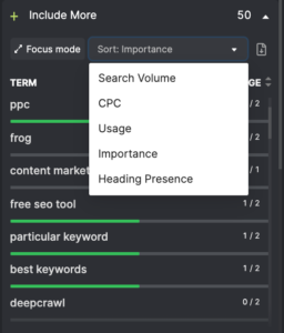 Sorting Focus Terms Feature in SEO Content Assistant