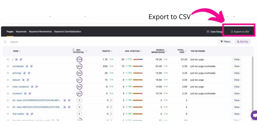 how to export to CSV screenshot in SearchAtlas
