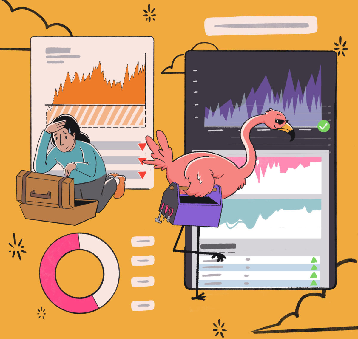 Flamingo looking at his GSC insights dashboard and wearing sunglasses because he knows the data is 100% accurate
