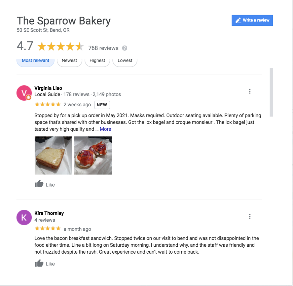 screenshot of the Google reviews page for a local bakery location, displaying the correlation between reviews and rankings 