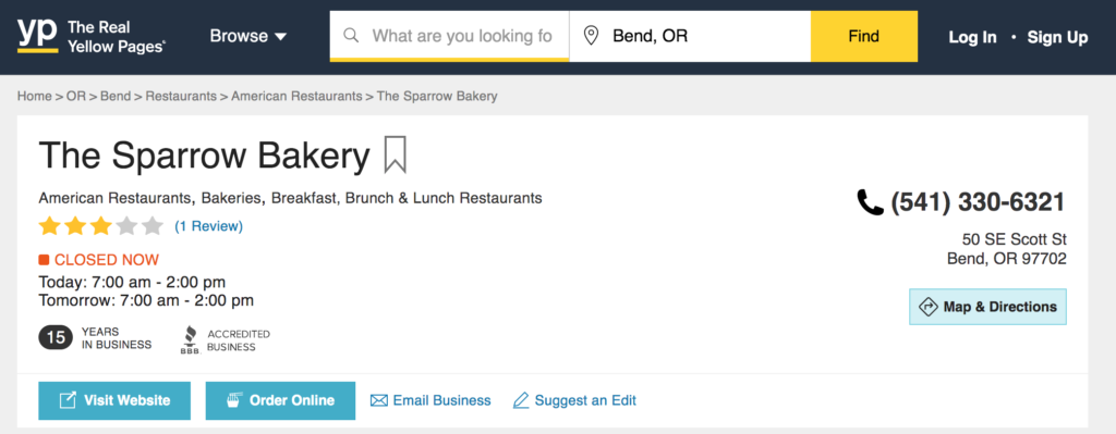screenshot of a local citation for a bakery on Yellow Pages with provided business location information