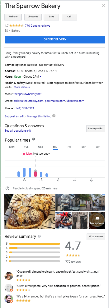 image that displays the official Google My Business listing for a local bakery location