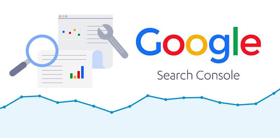 Google Search Console graphic with upward graph and microscope