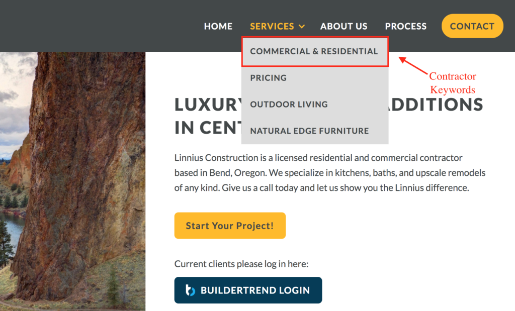 Example navigation menu on a contractor wesite homepage