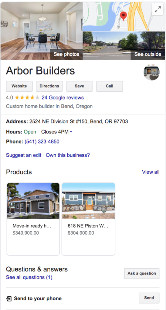 Google My Business Listing for Arbor Builders