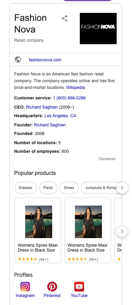 fashion nova's Google My Business listing