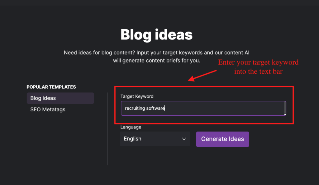 Blog Ideas tool from SearchAtlas with red box around where the user enters the target keyword for their blog post