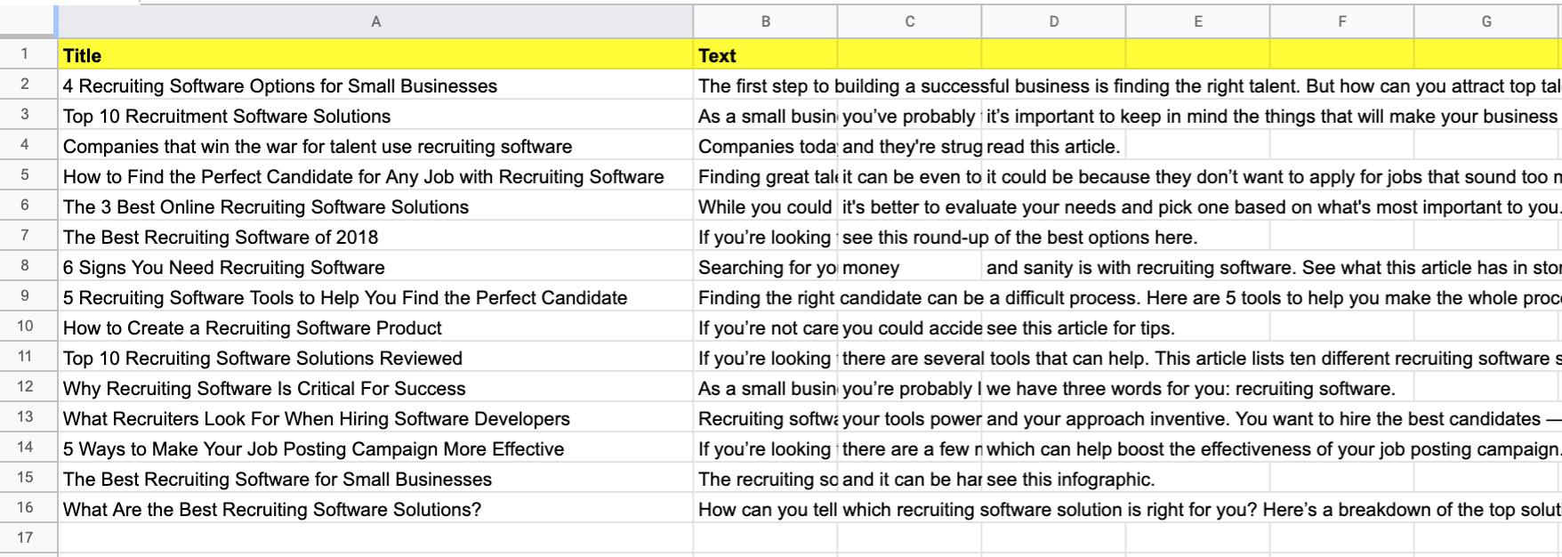 Excel spreadsheet of blog topic ideas exported from the blog ideas tool in SearchAtlas