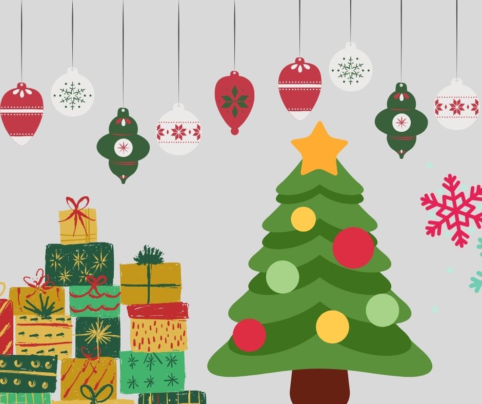 A gray background with present and a christmas tree and hanging ornament graphics