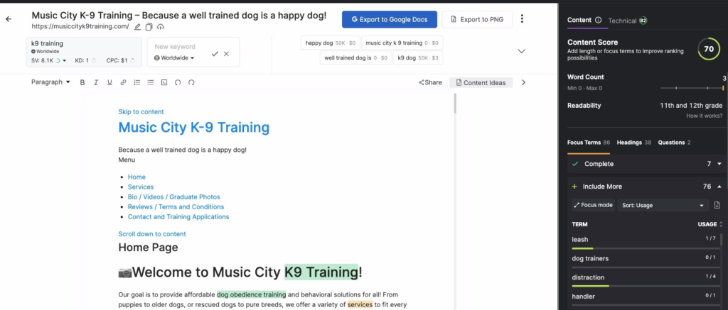 Screenshot of Music City K9 Training in SEO Content Asst Tool