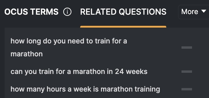 Related Questions screenshot in SearchAtlas on the topic of marathons