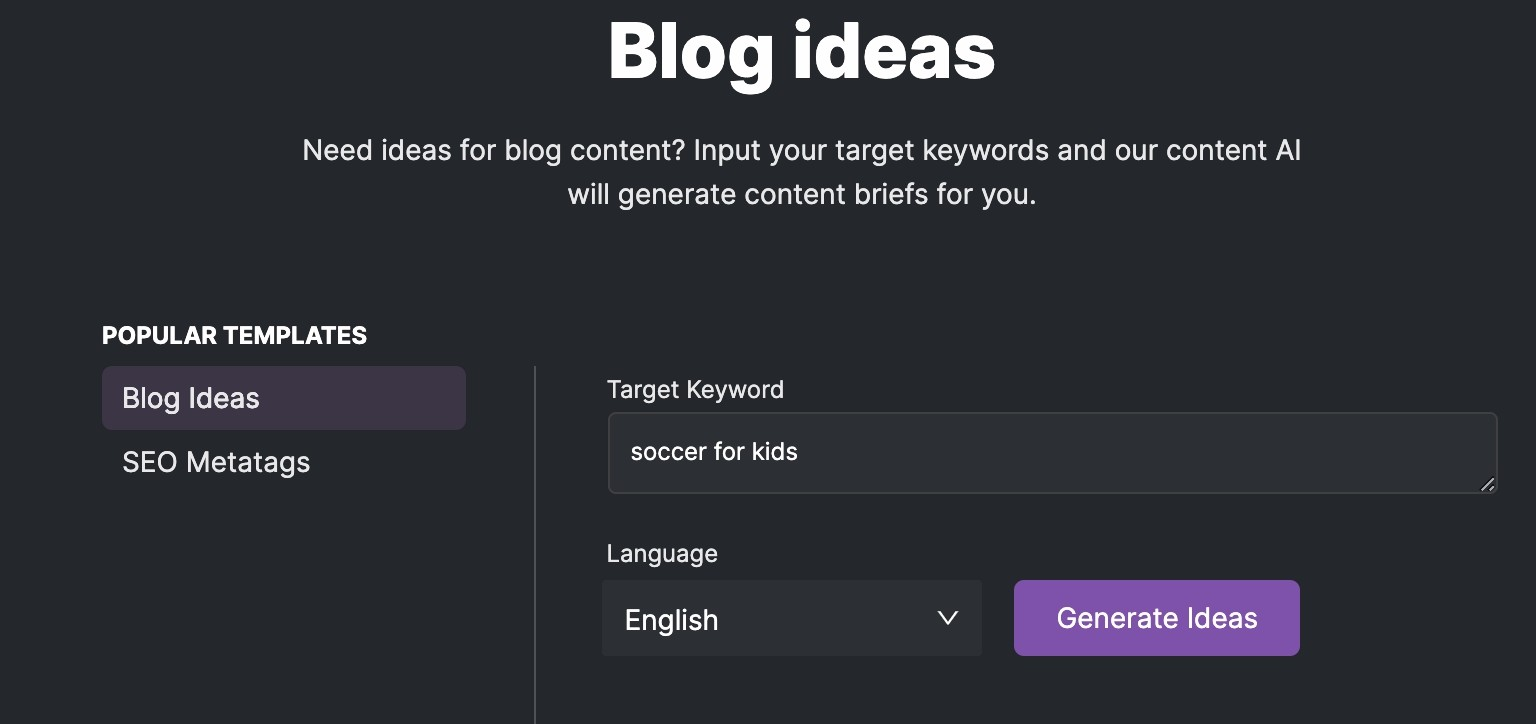 Screenshot of the blog ideas tool in searchatlas with a query for soccer for kids