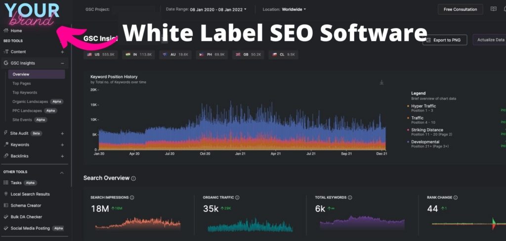 GSC insight dash board with White label SEO software pointing to your brand