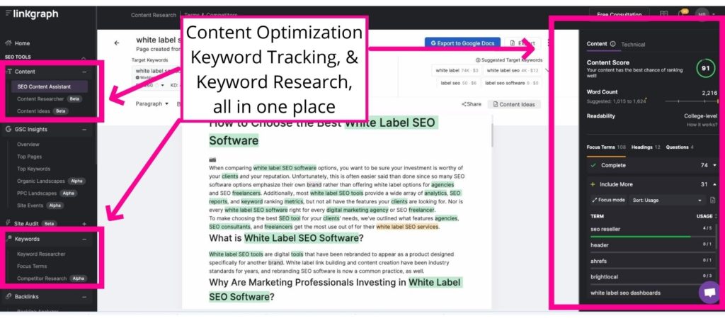content optimization with keyword reserach and keyword tracking all labeled in searchatlas