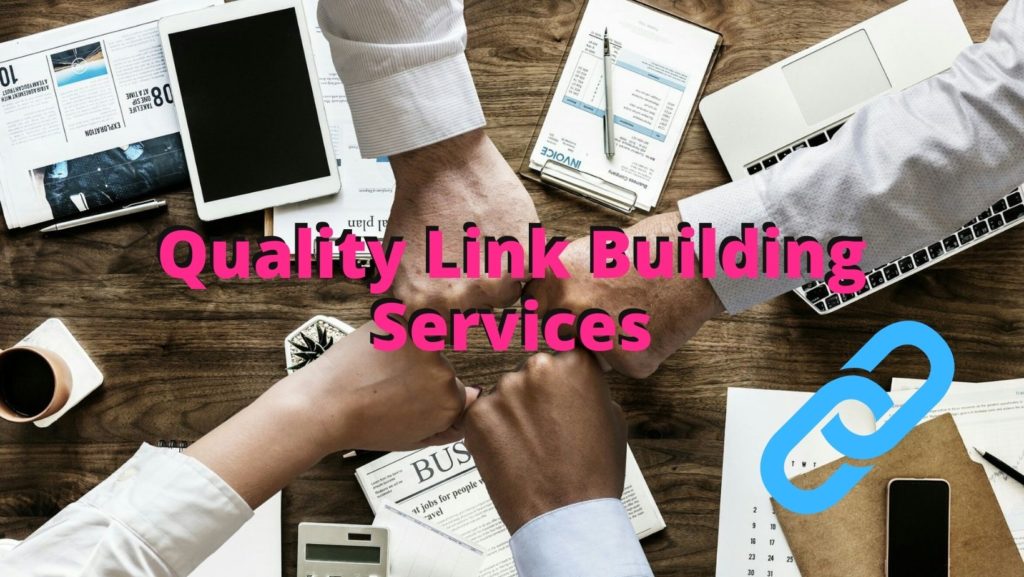 four hands coming together with the text quality link building services on top