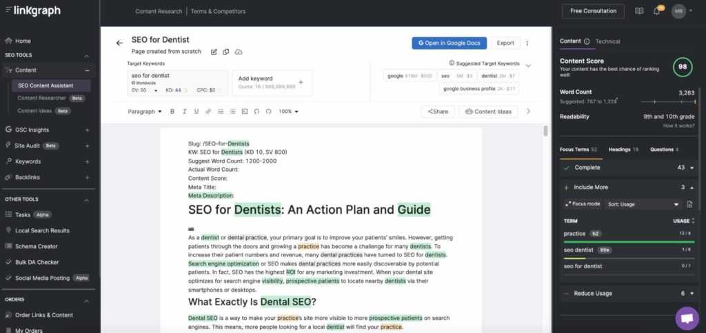 how to find focus terms for annotation text via SEO Content Assistant