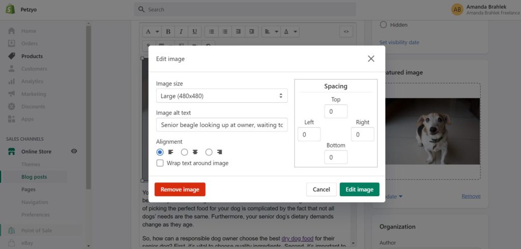 Editing alt text in the Shopify CMS