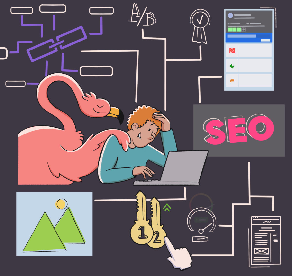 LinkGraph's flamingo mascot showing a business owner how to improve their website SEO