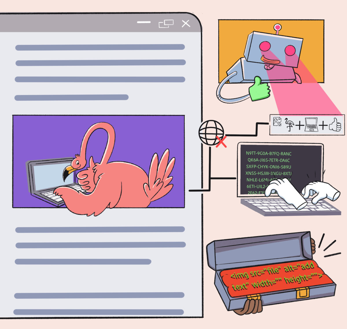 LinkGraph's flamingo mascot adding alt text to all of the images on his website to improve accessibility