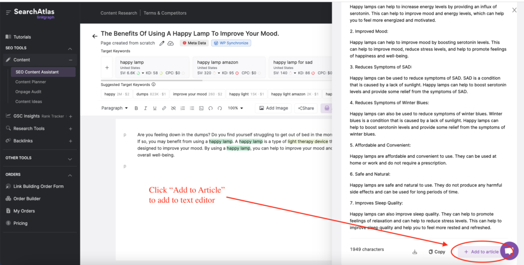 screenshot of AI generated subtopics in SearchAtlas with a red arrow pointing to the Add to Article button