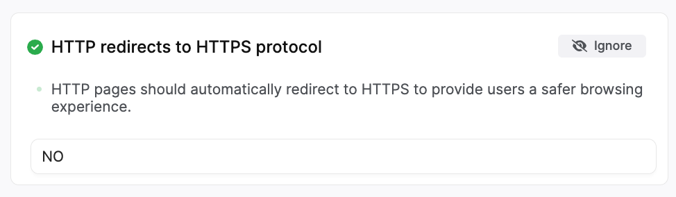 screenshot of a compliant HTTPS redirect in the SearchAtlas site auditor