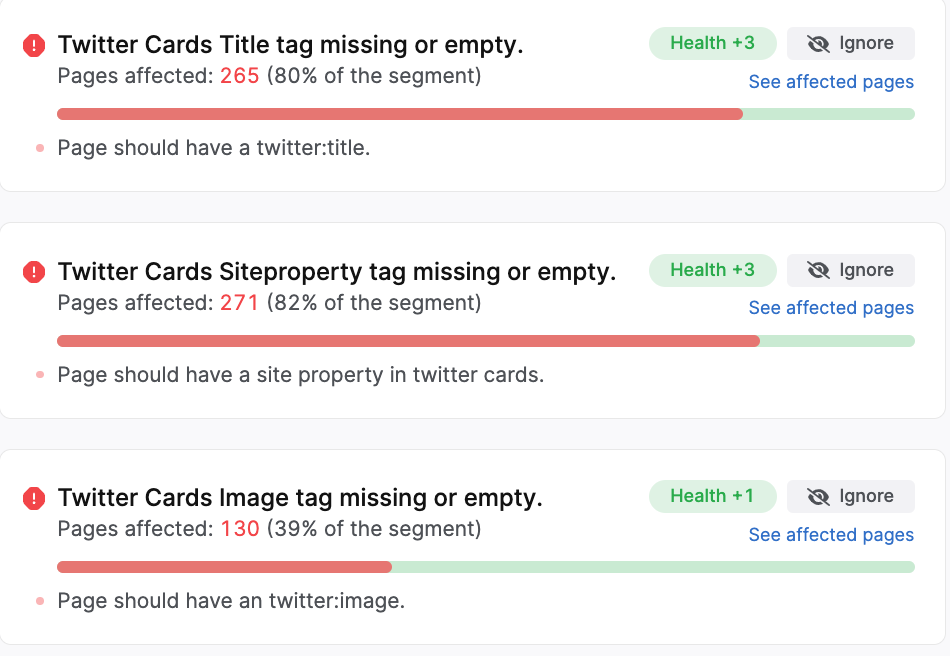 screenshot of missing twitter cards in SearchAtlas site auditor
