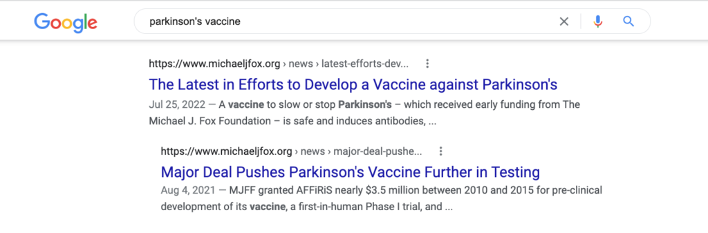 Screenshot of SERP results from a nonprofit